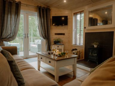 A living room with a coffee table and television at Spitfire Lodge in Fair Oak