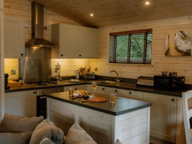 A kitchen with a sink and stove at Spitfire Lodge in Fair Oak