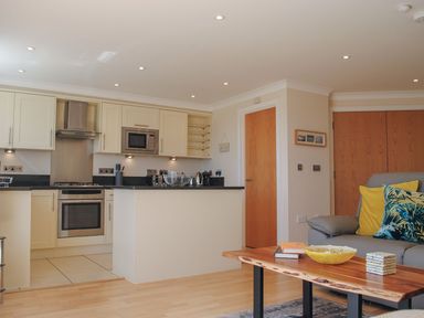 A kitchen and living room area with appliances and seating at 8 Thurlestone Beach in Kingsbridge