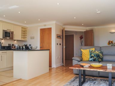 A living room with a kitchen island and seating area at 8 Thurlestone Beach in Kingsbridge