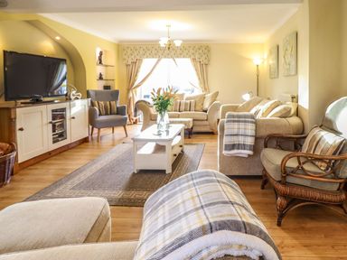 A living room with a television and sofas at Llwyn Derw in Talybont