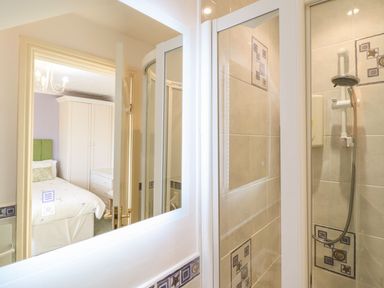 A bathroom with a shower and a view of an adjacent bedroom at Llwyn Derw Talybont