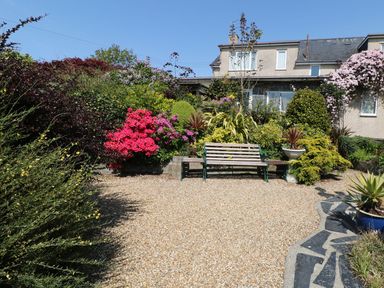 A garden with a bench surrounded by flowers at Llwyn Derw Talybont
