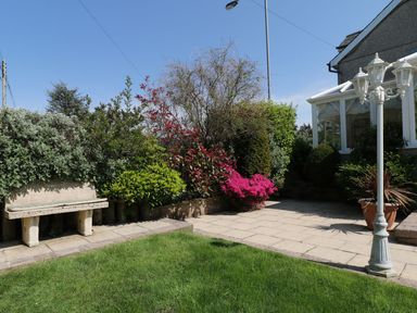 A garden with a stone bench and flowering plants at Llwyn Derw Talybont