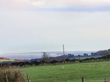A rural landscape with water and a power line at Swift Cabin in Scarborough