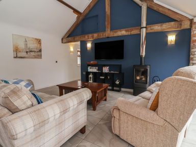 A living room with a fireplace and tv at Pillar Barn in Driffield
