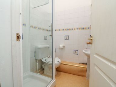 A bathroom with a shower, toilet, and sink at Val's Seaview in Ilfracombe