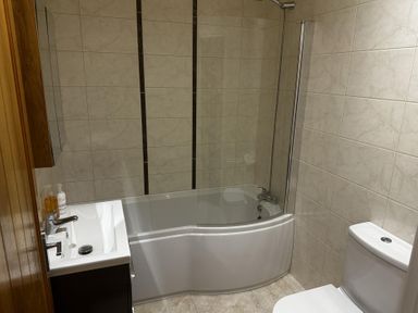 A bathroom with a bathtub, shower, toilet, and sink at The Rocks in Newry