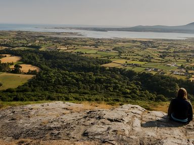 A view of fields and a river with a person sitting on a hill at The Rocks in Newry