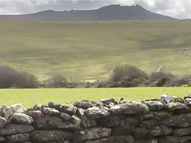 A view of a mountain and grassy field with a stone wall at Tylands in Camelford