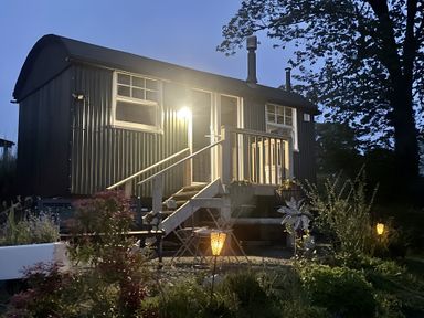 A shepherd's hut with a staircase and garden lights at Tylands in Camelford