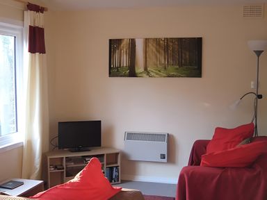 A living room with a sofa and television at Satchwell Chalet in Inverness