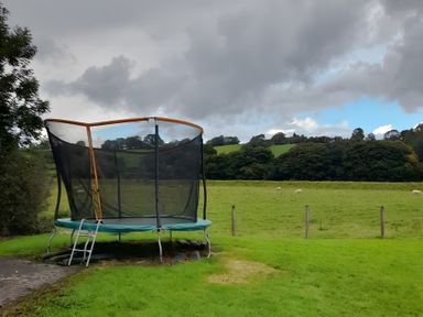 A trampoline in a field with sheep in the background at The Farmhouse in Omagh