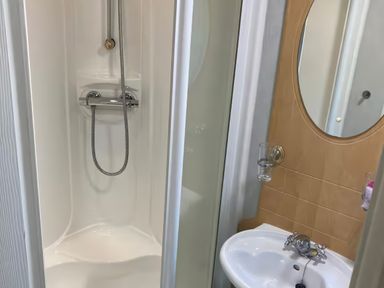 A bathroom with a shower and sink at Caravan 38 Newport