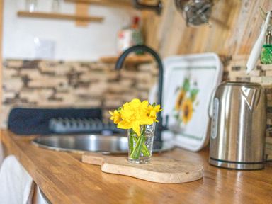 A kitchen with a sink and a kettle at The Retreat Cabin in Llanelli