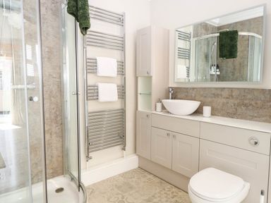 A bathroom with a shower, sink, toilet, and towel rail at Cootiya Corner, Great Lyth