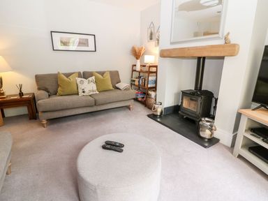 A living room with a sofa and a wood stove at East View in Cheltenham