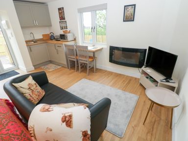 A living room with a kitchenette and seating area at Heidiaway Lodge in Gilfach Goch