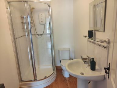 A bathroom with a shower, toilet, and sink at 17 Castleview Ballymena