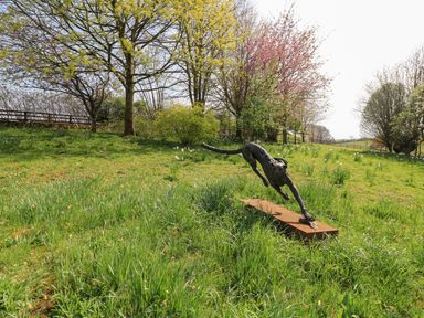 A cheetah statue in a grassy area at Foxhill Farm Barn Cheltenham