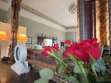 A living room with roses and lamps at Fountain Hill House in Londonderry