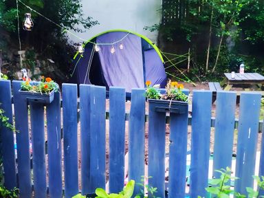 A garden with a tent and flowers in pots at Fountain Hill House in Londonderry