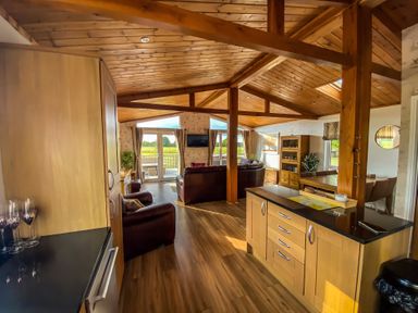 A living room with kitchen units and a sofa at Hedgehog Lodge in York