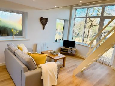 A living room with a sofa and a television at Honey Bee Cottage in Welshpool