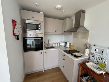 A kitchen with a microwave, oven, kettle, and sink at Honey Bee Cottage in Welshpool