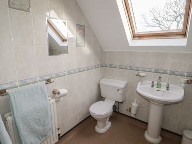 A bathroom with a sink, toilet, and towel at Rhosgranog Cottage Llandeloy near Solva