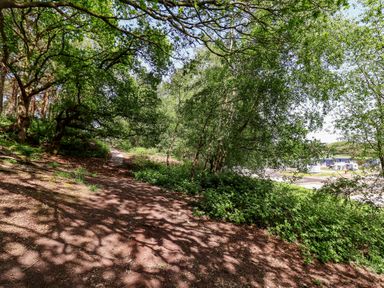 A path through trees with a road visible in the distance at The Oaks 2 Bedrooms Delamere