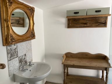 A bathroom with a sink and a mirror at The Tree House in the Woods Longhope