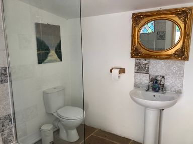 A bathroom with a toilet and sink at Cosy Shepherd’s Hut in Longhope