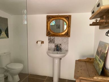 A bathroom with a sink and toilet at Cosy Shepherd’s Hut in Longhope