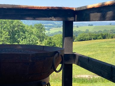 A grill and wooden structure with a view of greenery and hills at Cosy Shepherd’s Hut in Longhope