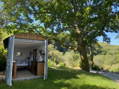 A hut with a bed and kitchenette at Trethowels Hidden Huts in St. Austell