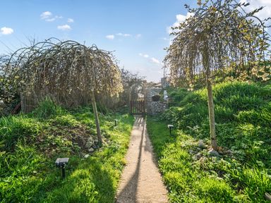 A garden pathway leading to a gate surrounded by trees at Cosy Escape Minster On Sea