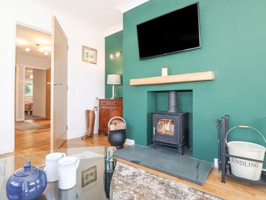 A living room with a fireplace and television at Wansfell View in Ambleside