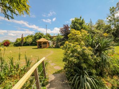 A garden with a shed and pathway at Pillars in Barnstaple