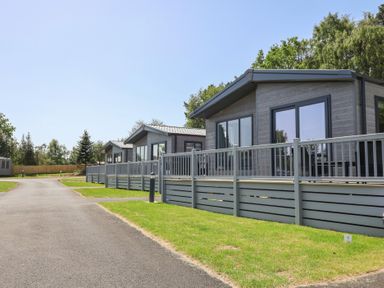 Three lodges with decks along a pathway at Cedar Lodge 3 Bedrooms with hot tub in Delamere