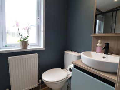 A bathroom with a sink and toilet at Cedar Lodge 3 Bedrooms with hot tub Delamere