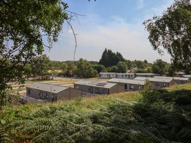 A view of holiday homes in a green area at Cedar Lodge 3 Bedrooms with hot tub Delamere