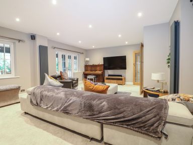 A living room with a television and sofa at Woodlands house in Ringwood
