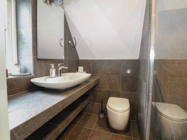 A bathroom with a sink, toilet, and shower at Woodlands house in Ringwood