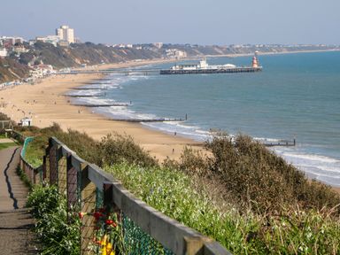 A beach with a pier and pathway at Woodlands House in Ringwood