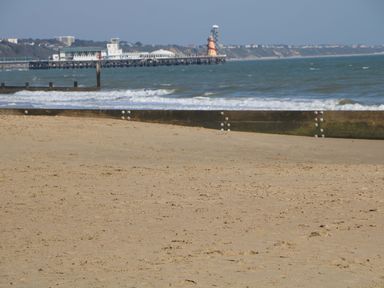 A beach with sand and a pier in the background at Woodlands House in Ringwood