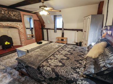 A bedroom with a bed and fireplace at Driftway Cottage in Diss