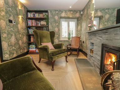 A living room with seating and a fireplace at Low House Cottage Ayside near Newby Bridge