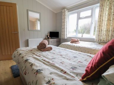 A bedroom with twin beds and a tv at Holly Lodge in Lloc near Caerwys