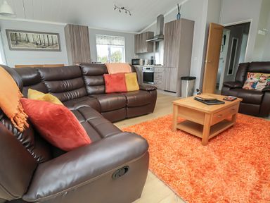 A living room with a sofa and coffee table at Pine Lodge in Lloc near Caerwys